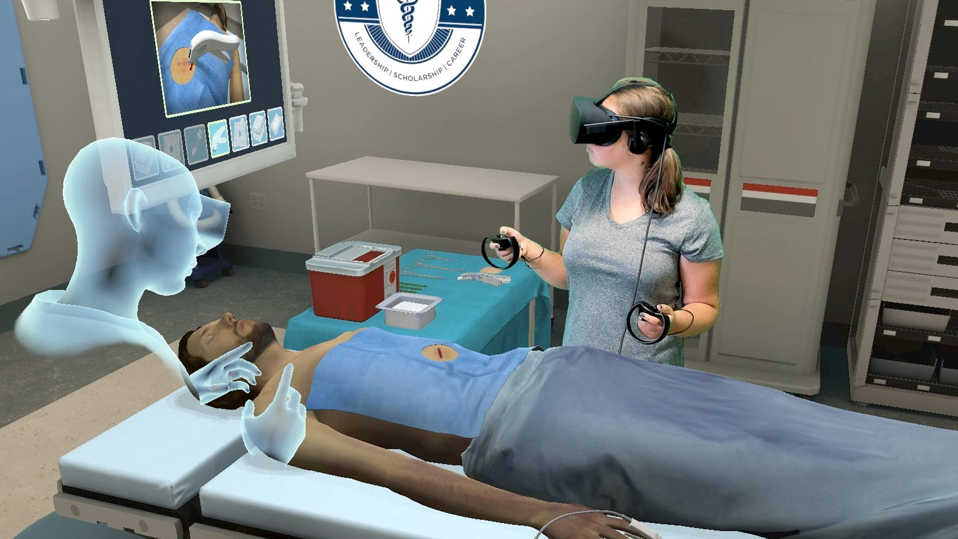 Woman in XR headset holding hand controls standing over a patient in bed whilst looking at the screen and seeing the patients woud