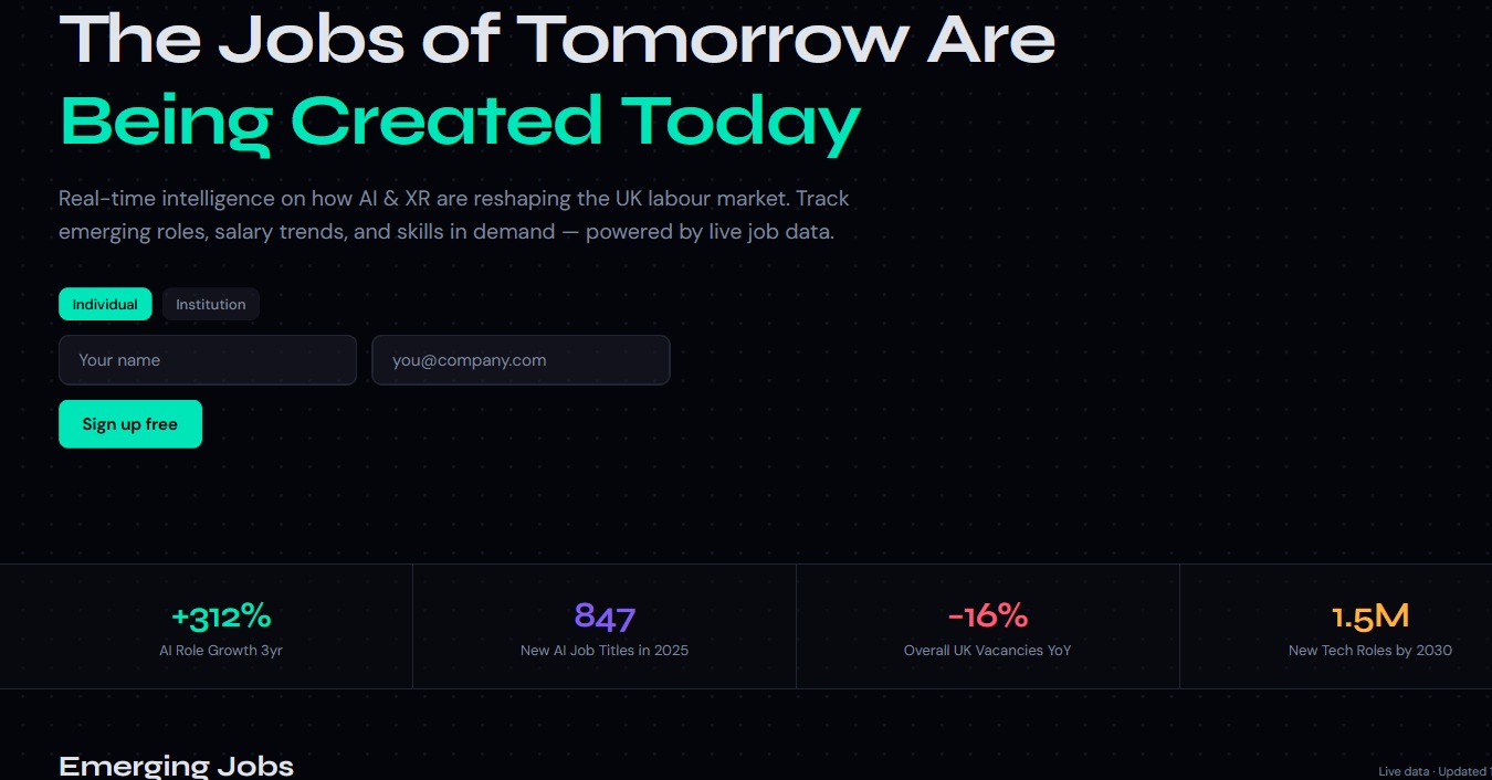 Real-time intelligence on how AI & XR are reshaping the UK labour market. Track emerging roles, salary trends, and skills in demand — powered by live job data.